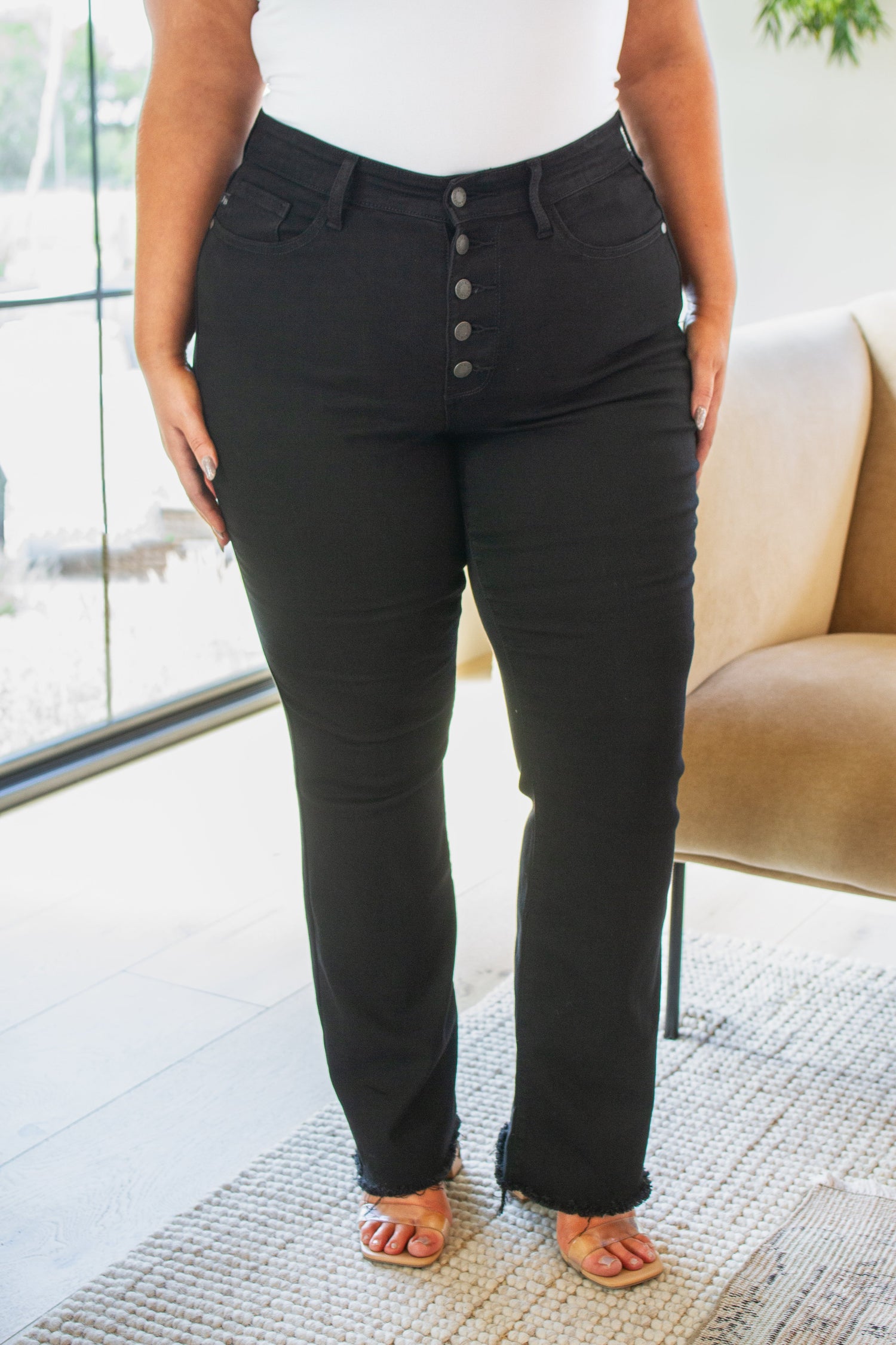 Harriet High Rise Button Fly Bootcut Jeans in Black - WEBSITE EXCLUSIVE
