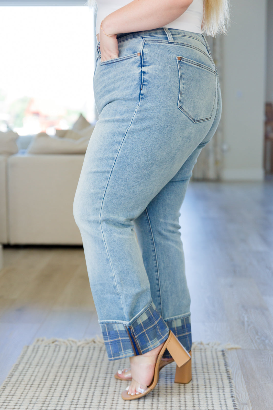 Miranda High Rise Plaid Cuff Vintage Straight Jeans - Website Exclusive