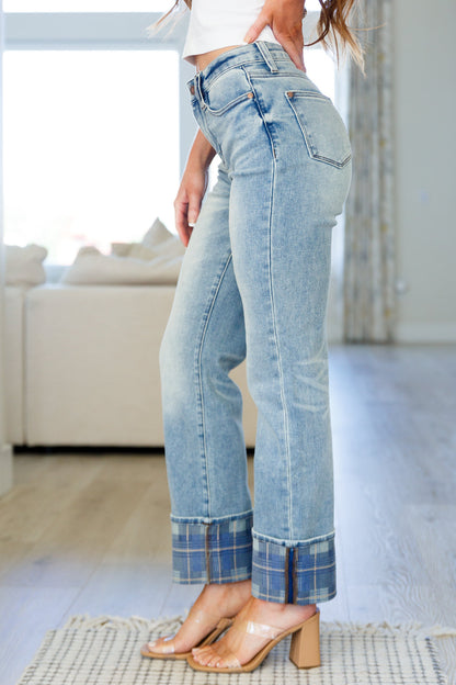 Miranda High Rise Plaid Cuff Vintage Straight Jeans - Website Exclusive