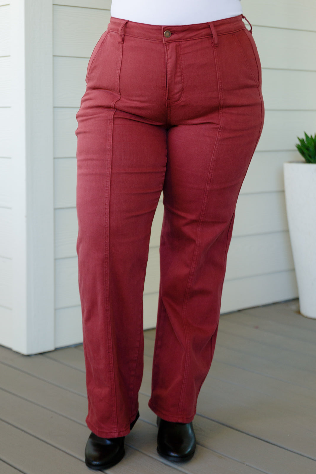 Phoebe High Rise Front Seam Straight Jeans in Burgundy - WEBSITE EXCLUSIVE