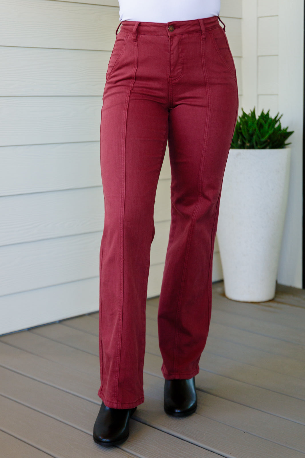 Phoebe High Rise Front Seam Straight Jeans in Burgundy - WEBSITE EXCLUSIVE