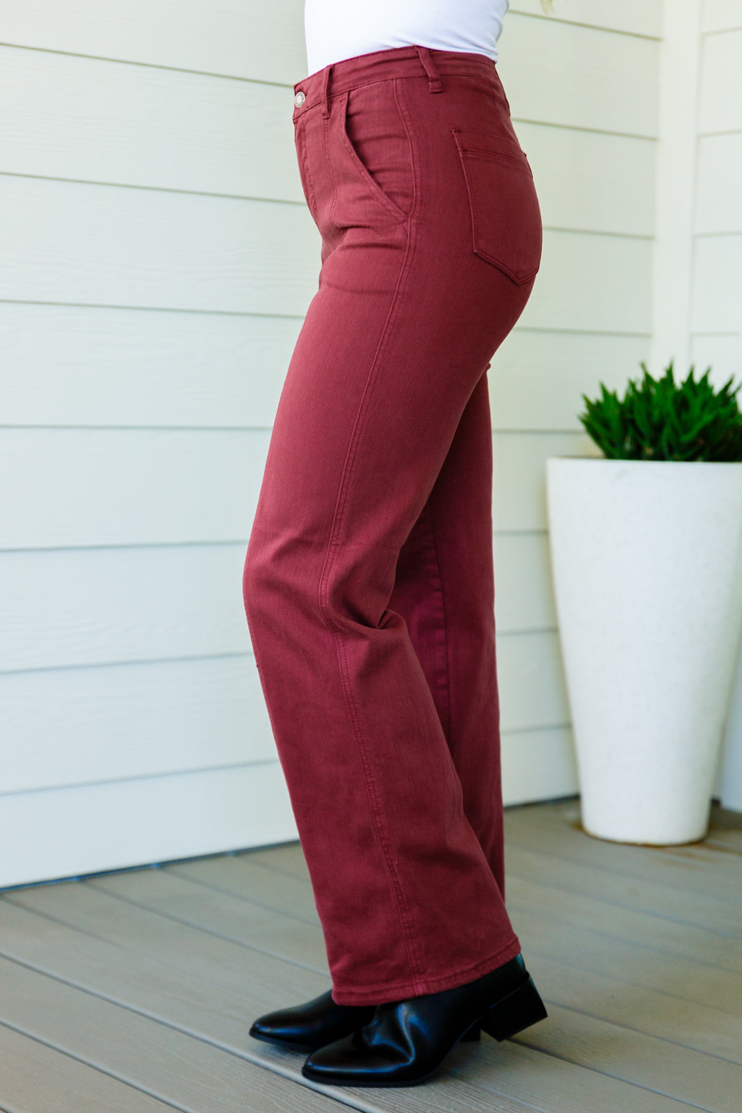 Phoebe High Rise Front Seam Straight Jeans in Burgundy - WEBSITE EXCLUSIVE