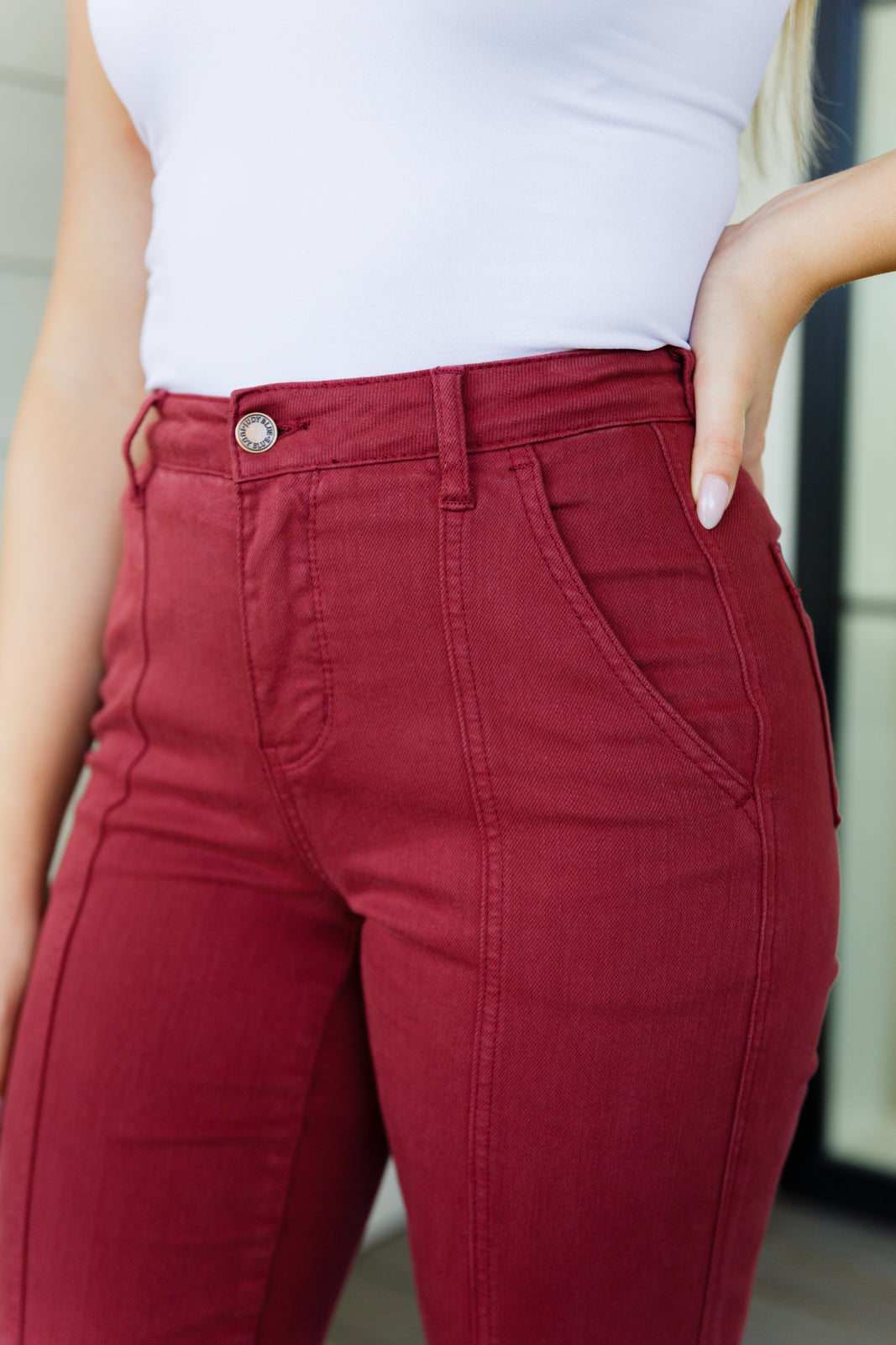 Phoebe High Rise Front Seam Straight Jeans in Burgundy - WEBSITE EXCLUSIVE