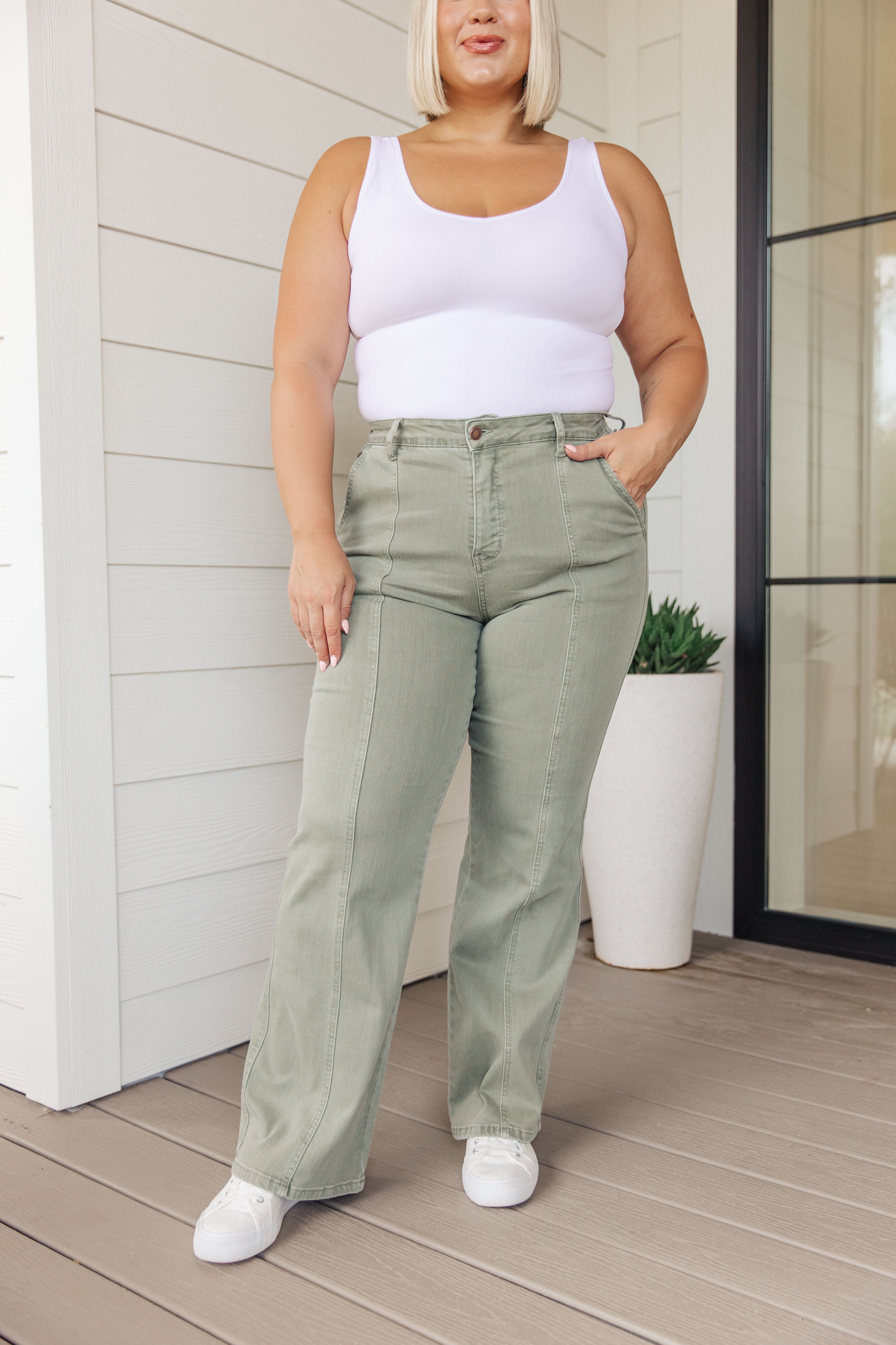 Phoebe High Rise Front Seam Straight Jeans in Sage - WEBSITE EXCLUSIVE