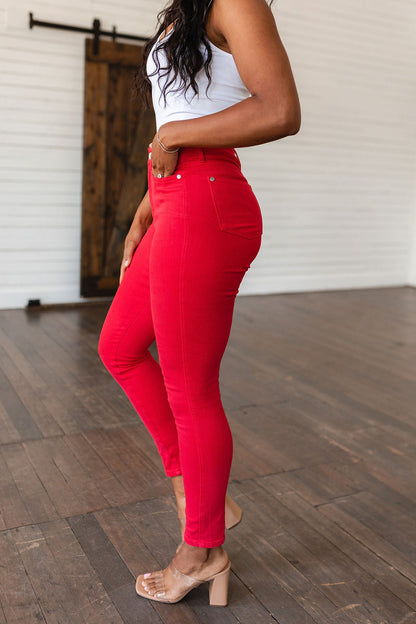 Ruby High Rise Control Top Garment Dyed Skinny Jeans in Red - WEBSITE EXCLUSIVE