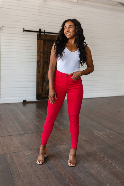 Ruby High Rise Control Top Garment Dyed Skinny Jeans in Red - WEBSITE EXCLUSIVE