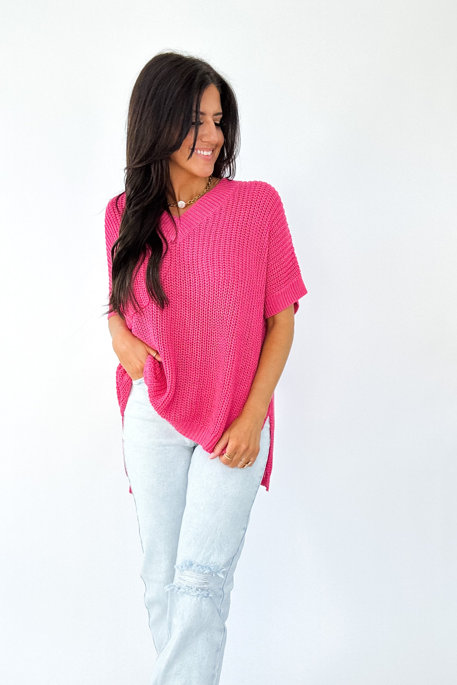 FOR KEEPS SWEATER KNIT SHORT SLEEVE TOP IN PINK