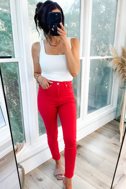 Ruby High Rise Control Top Garment Dyed Skinny Jeans in Red - WEBSITE EXCLUSIVE