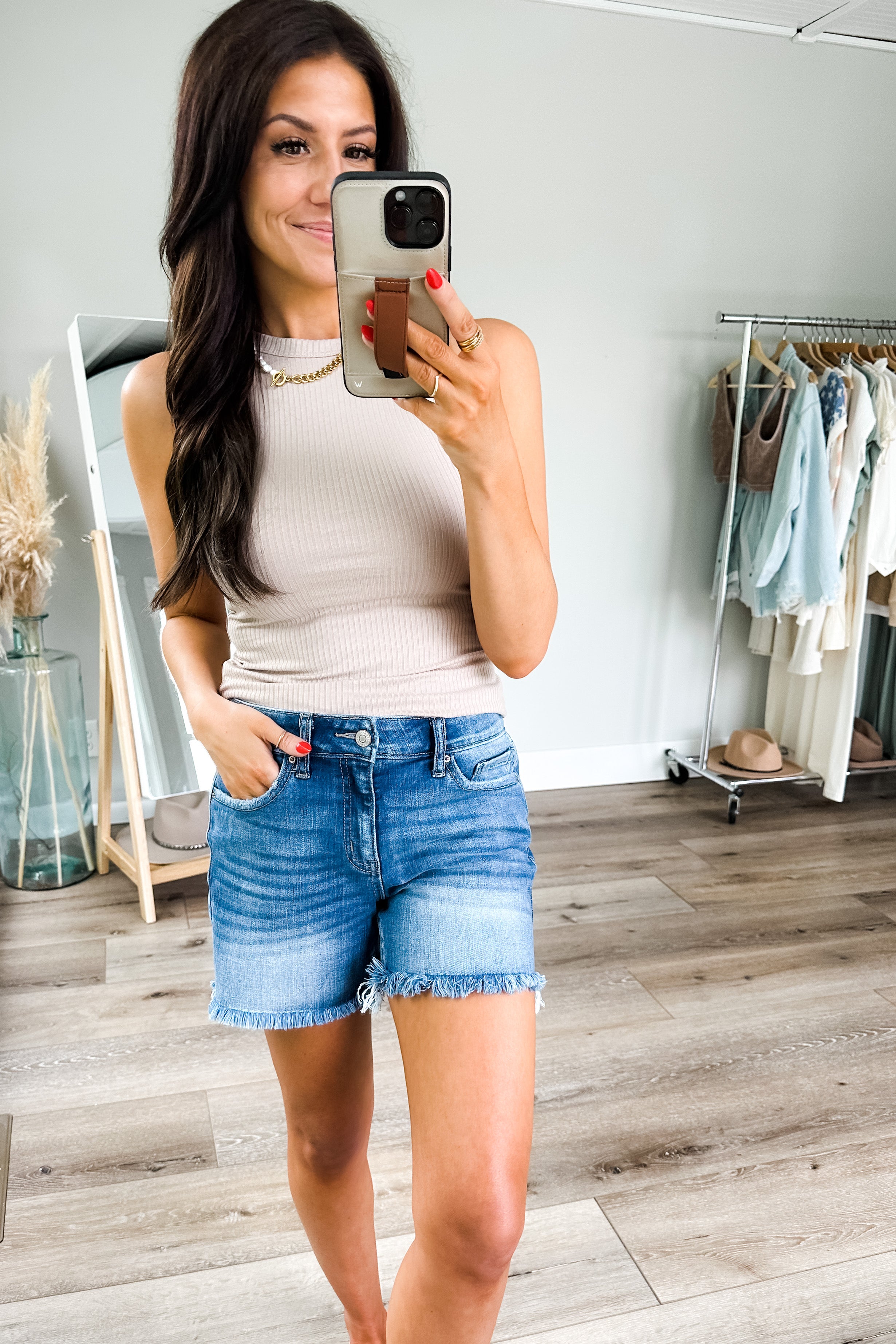 Josie Classic Blue Frayed Hem Jean Shorts
