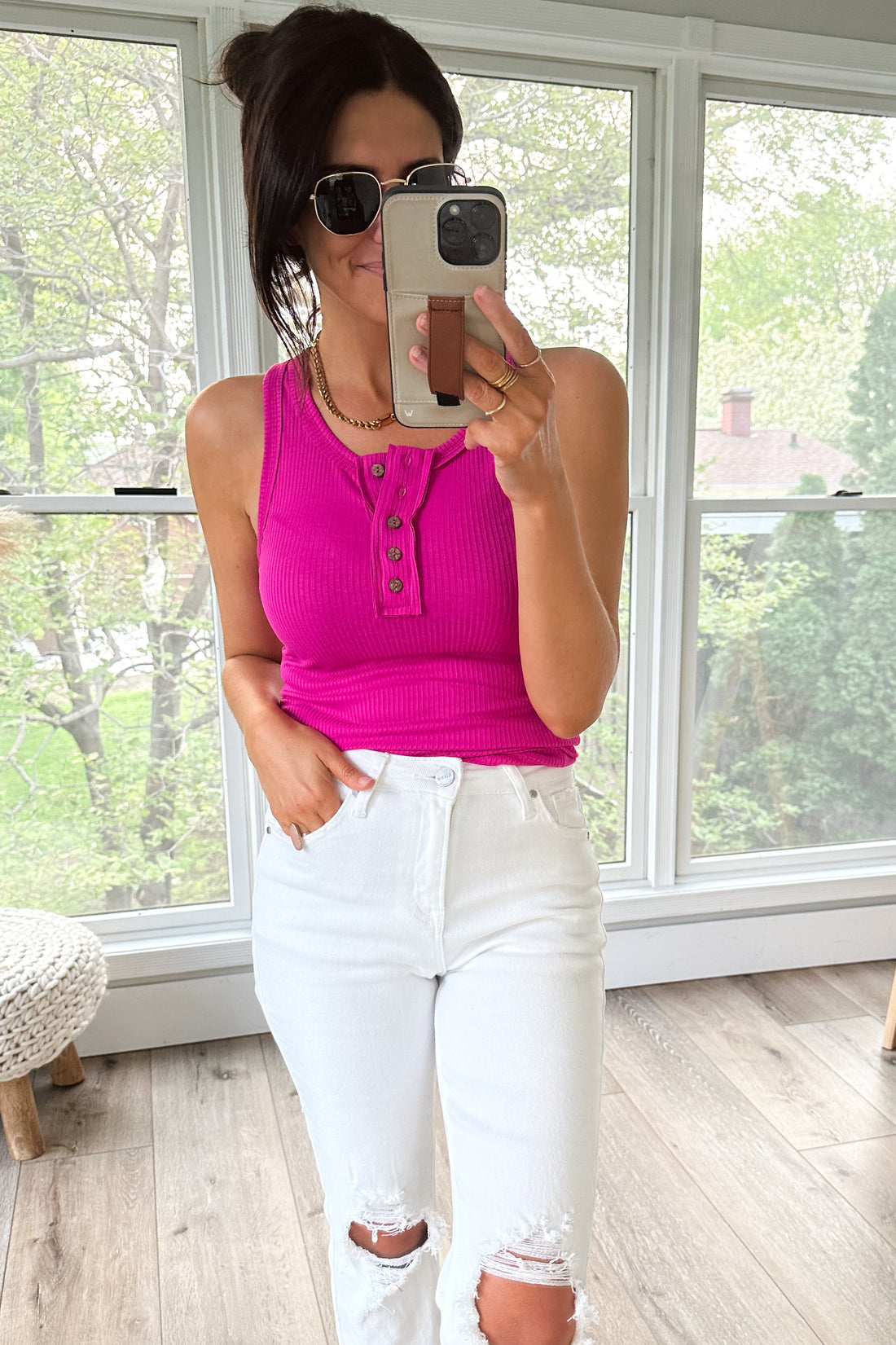 Rio Ribbed Scoop Neck Tank Top in Magenta