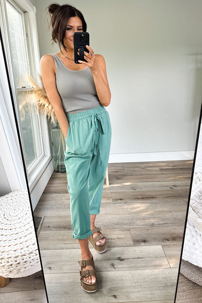 Love Me Dearly High Waisted Pants in Jade - WEBSITE EXCLUSIVE