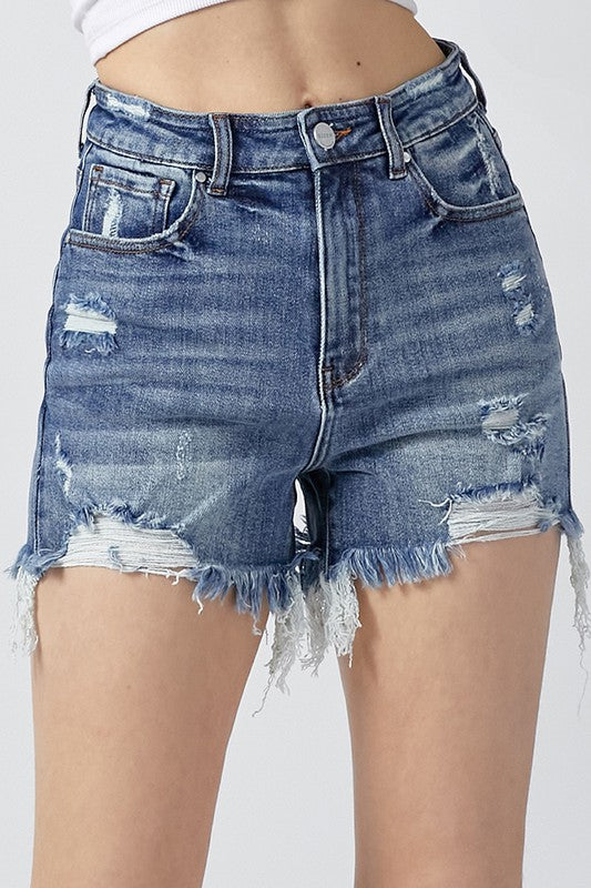 ABBY HIGH RISE DISTRESSED SHORTS BY RISEN IN MEDIUM