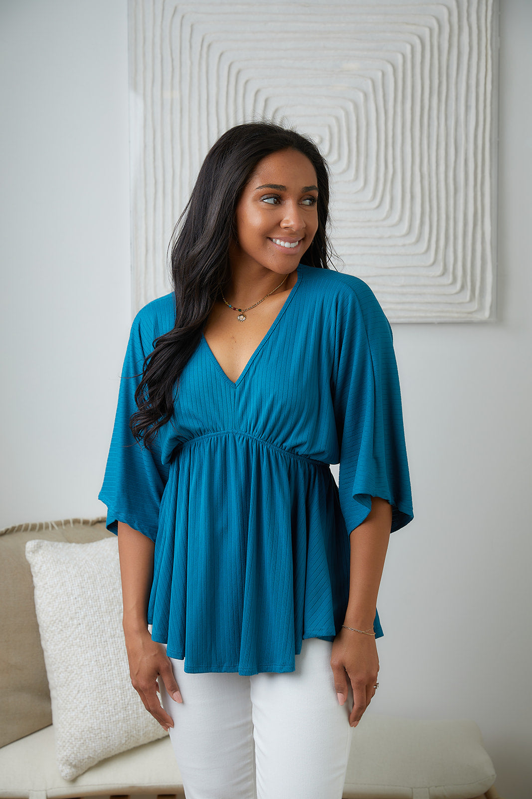 Storied Moments Draped Peplum Top in Teal - WEBSITE EXCLUSIVE