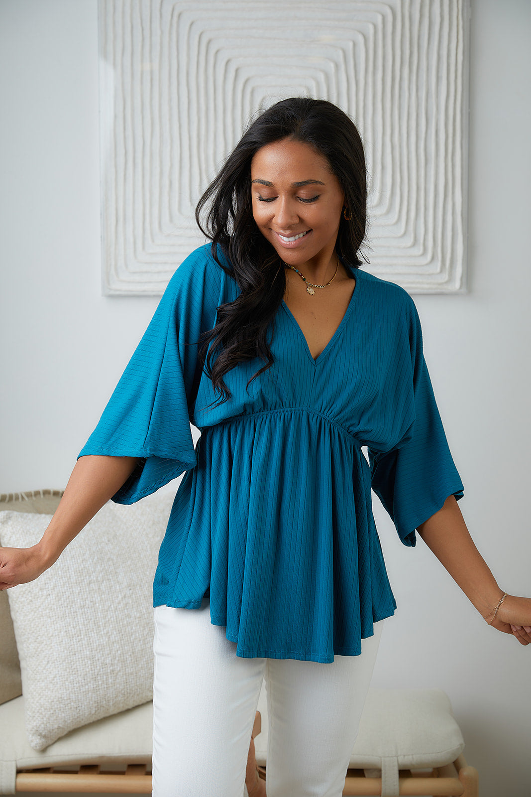 Storied Moments Draped Peplum Top in Teal - WEBSITE EXCLUSIVE