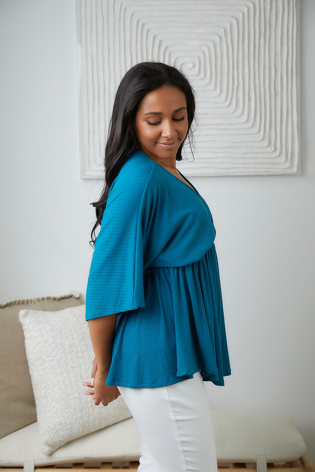Storied Moments Draped Peplum Top in Teal - WEBSITE EXCLUSIVE
