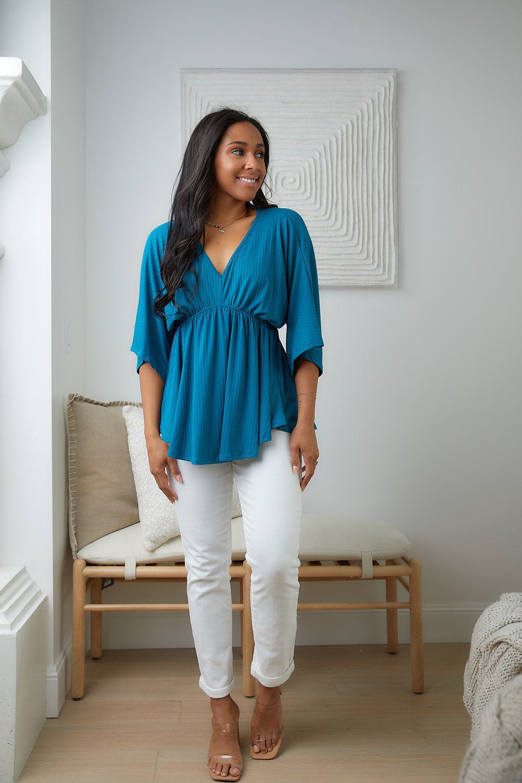 Storied Moments Draped Peplum Top in Teal - WEBSITE EXCLUSIVE
