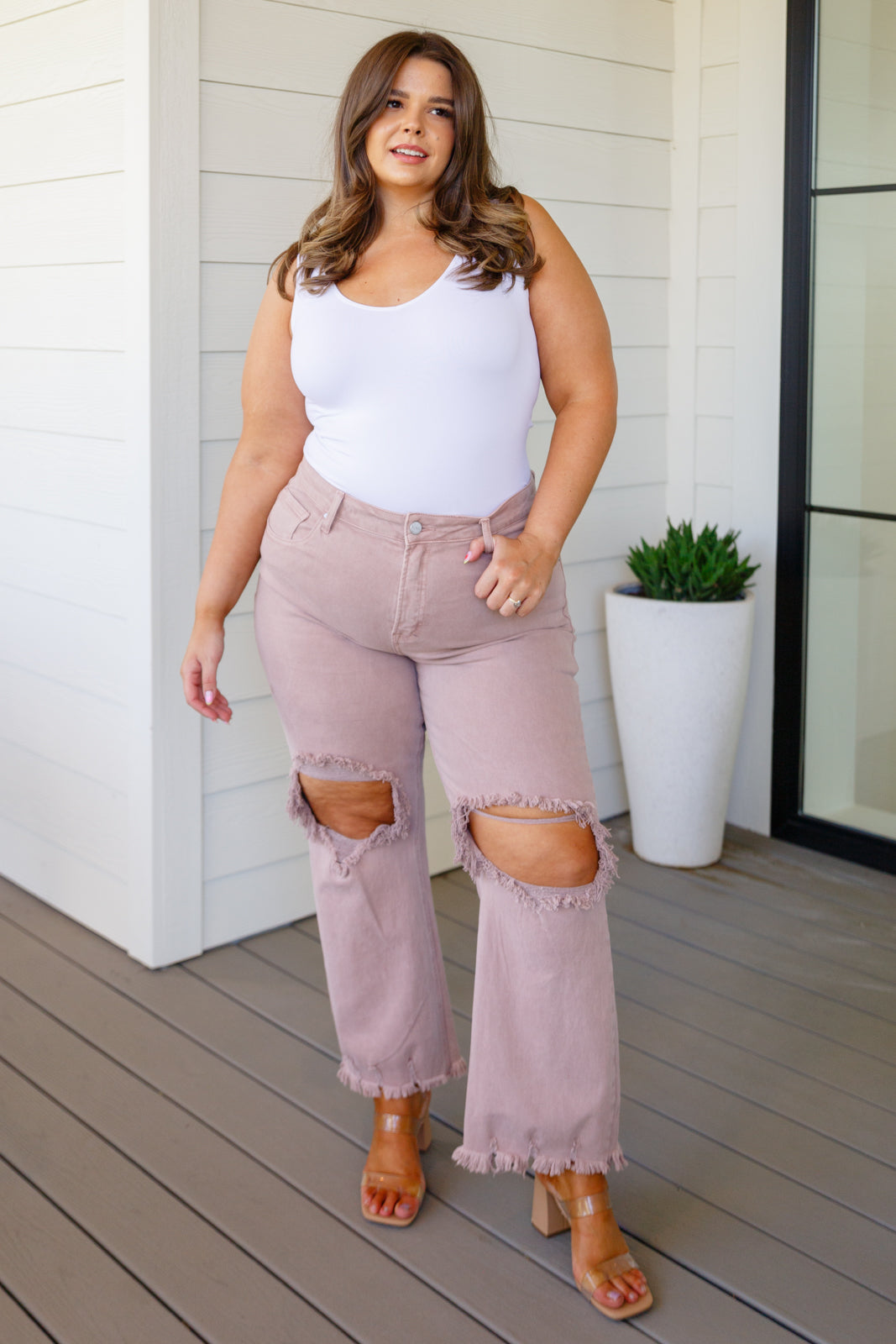 Babs High Rise Distressed Straight Jeans in Mauve - WEBSITE EXCLUSIVE