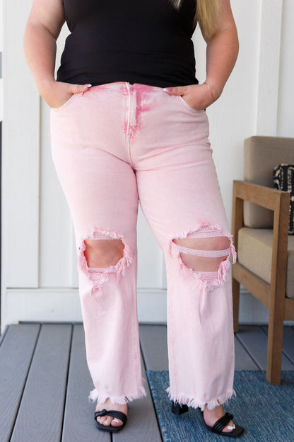 Babs Distressed Straight Jeans in Pink - WEBSITE EXCLUSIVE