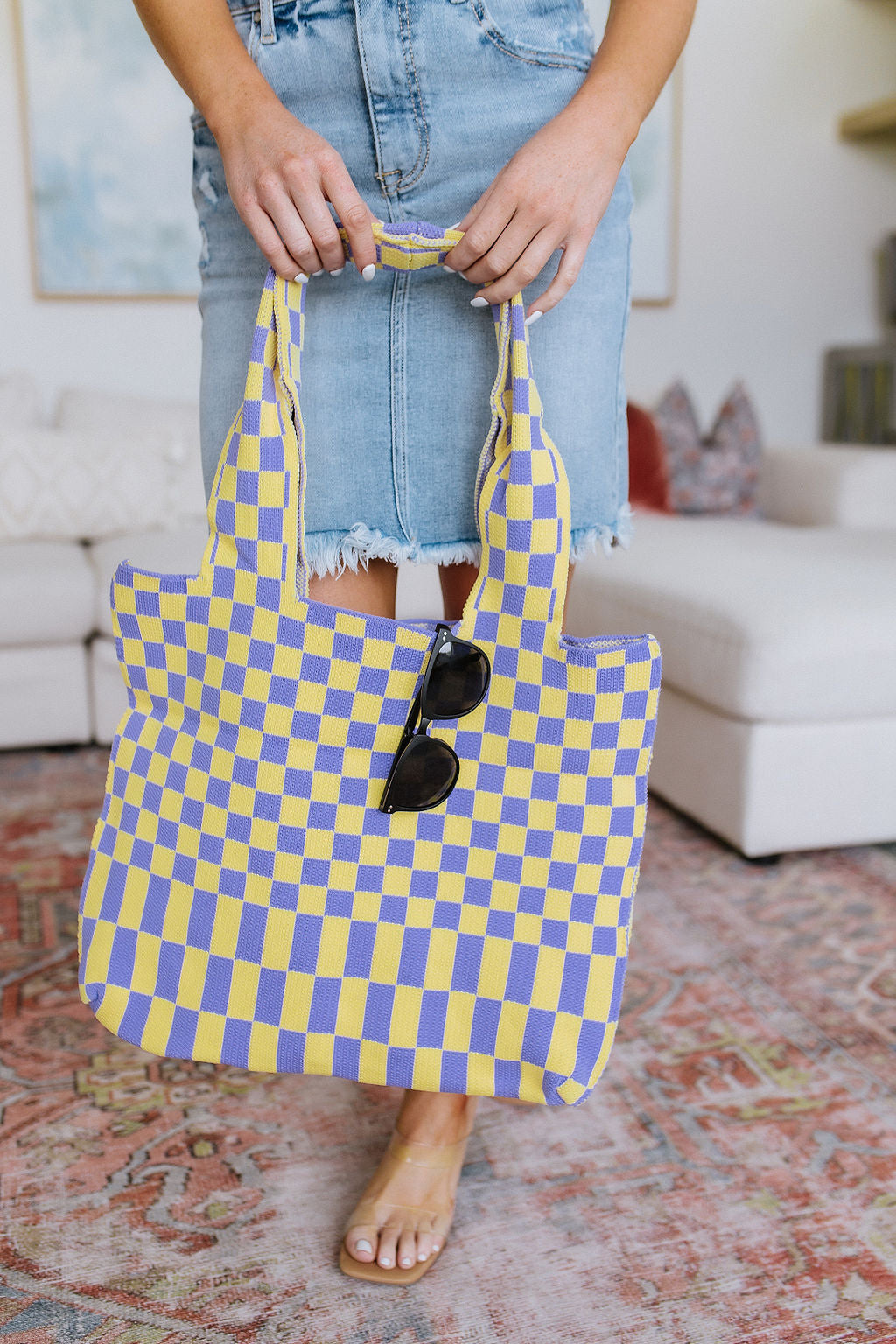 Checkerboard Lazy Wind Big Bag in Lilac &amp; Yellow - WEBSITE EXCLUSIVE