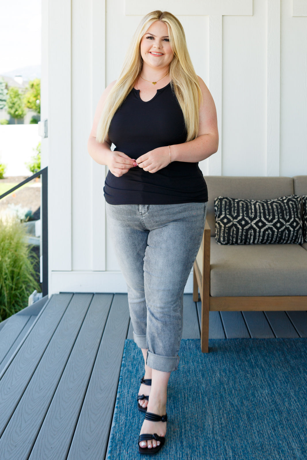 Daily Essential Notched Ribbed Tank in Black - WEBSITE EXCLUSIVE