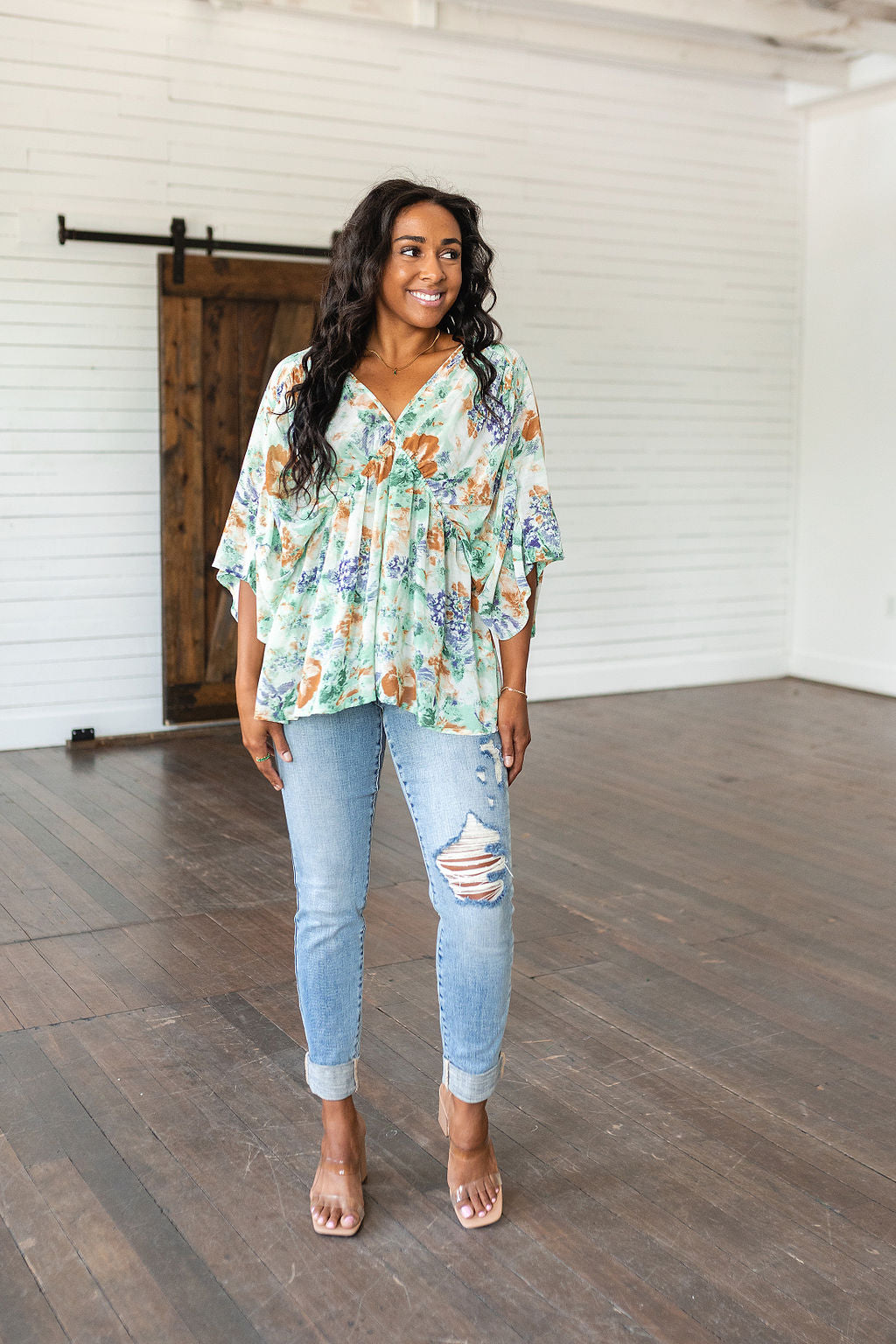 Fabled in Floral Draped Peplum Top in Ivory - WEBSITE EXCLUSIVE