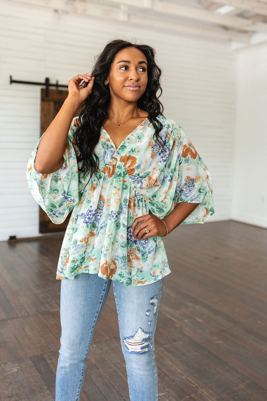 Fabled in Floral Draped Peplum Top in Ivory - WEBSITE EXCLUSIVE