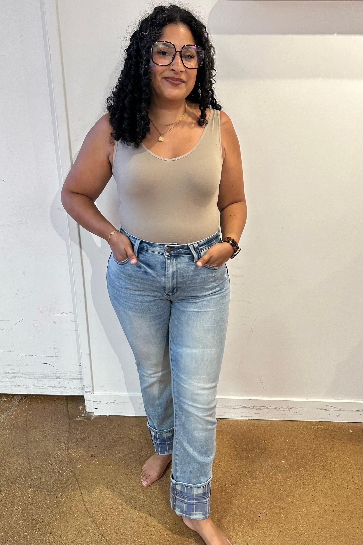 Miranda High Rise Plaid Cuff Vintage Straight Jeans - Website Exclusive