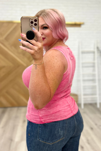 Mineral Washed Ribbed Henley Tank in Fucshia - WEBSITE EXCLUSIVE