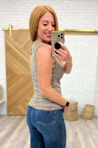 Mineral Washed Ribbed Henley Tank in Mocha Grey - WEBSITE EXCLUSIVE