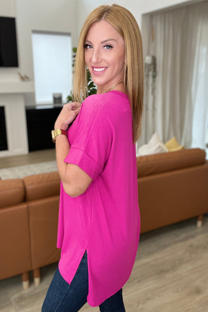 V-Neck Cuffed Sleeve Hi-Low Hem Top in Magenta - WEBSITE EXCLUSIVE