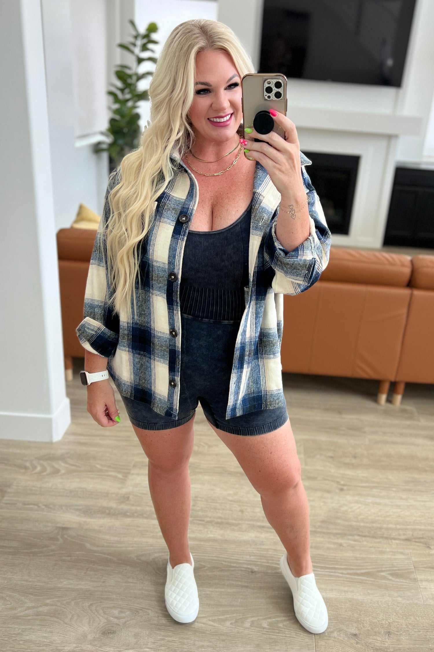 Oversized Longline Plaid Shacket in Navy - WEBSITE EXCLUSIVE