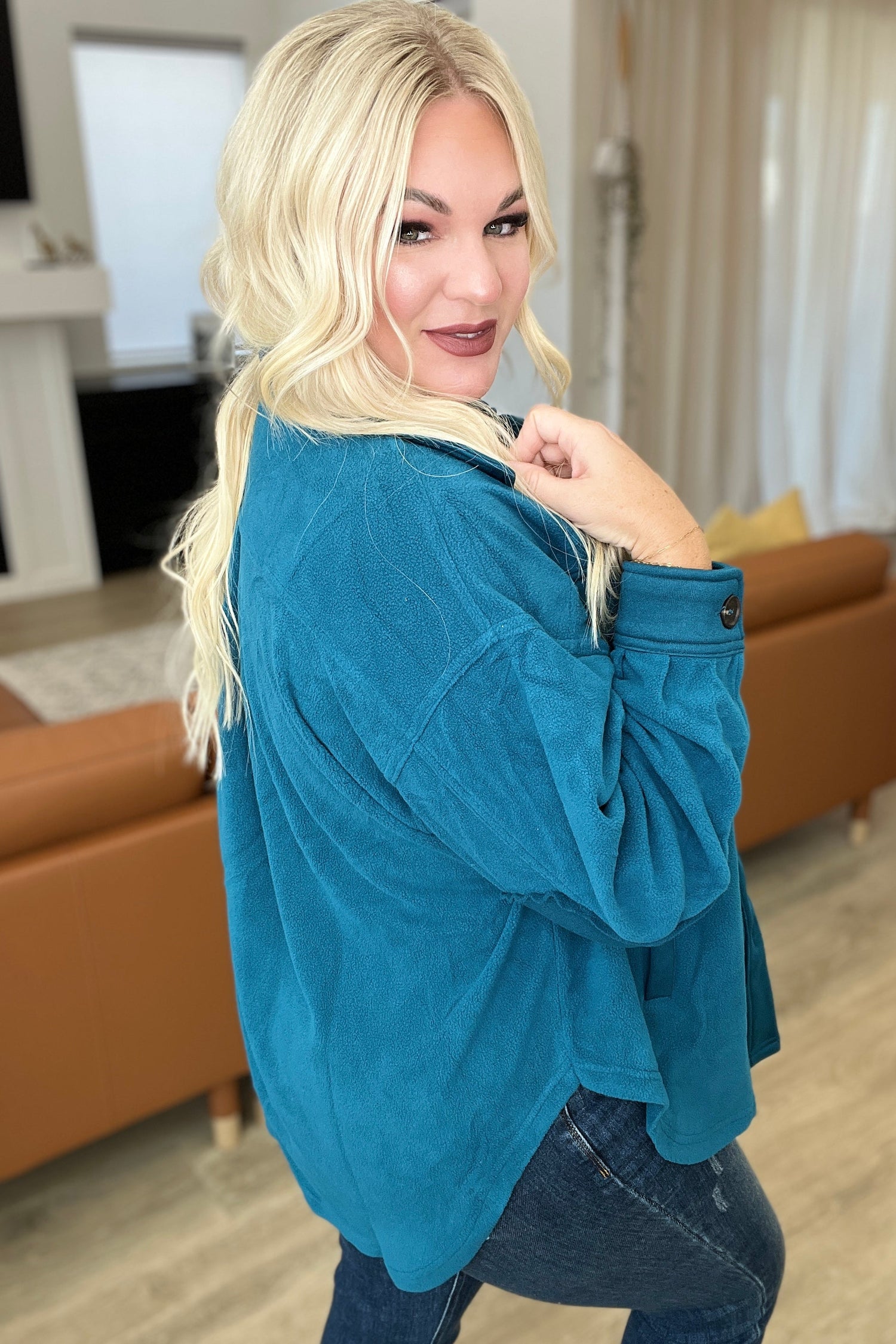 Oversized Basic Fleece Shacket in Teal - WEBSITE EXCLUSIVE