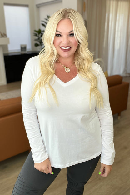 Relaxed Fit Long Sleeve V-Neck Top in White - WEBSITE EXCLUSIVE