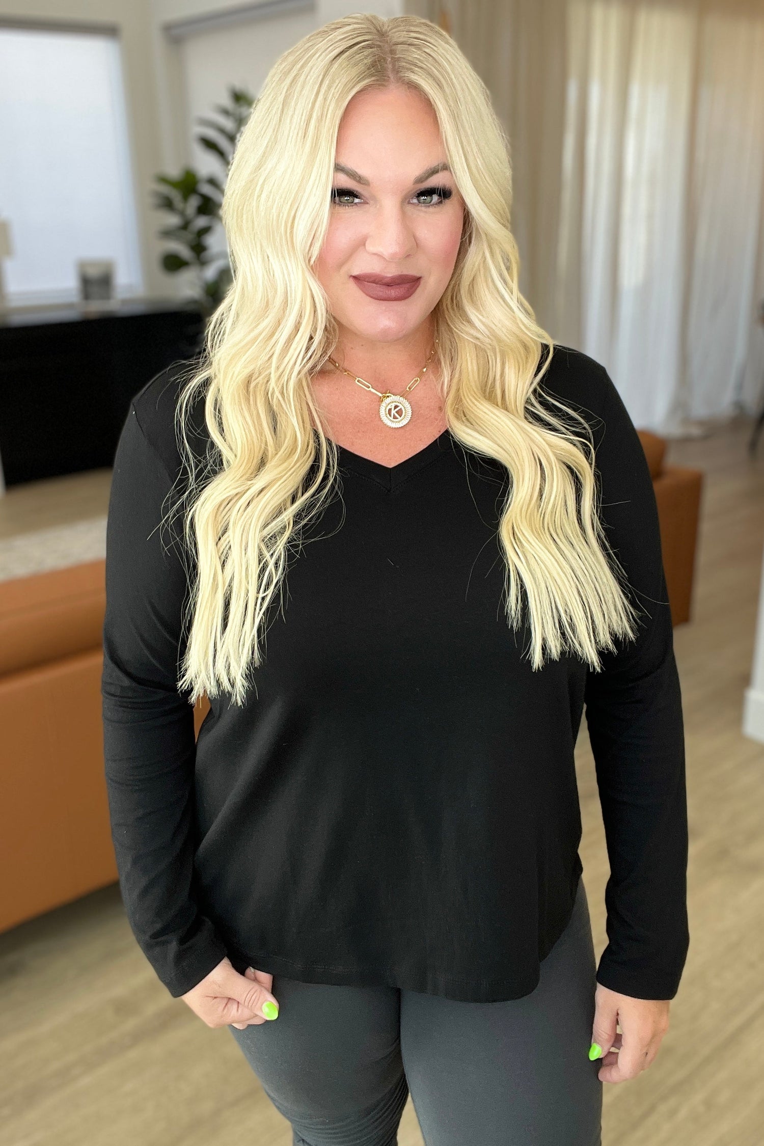 Relaxed Fit Long Sleeve V-Neck Top in Black - WEBSITE EXCLUSIVE