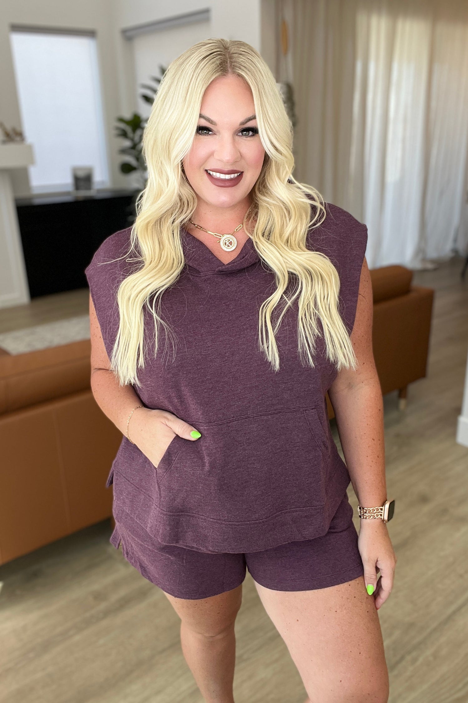 Sleeveless Hoodie and Shorts Set in Plum - WEBSITE EXCLUSIVE