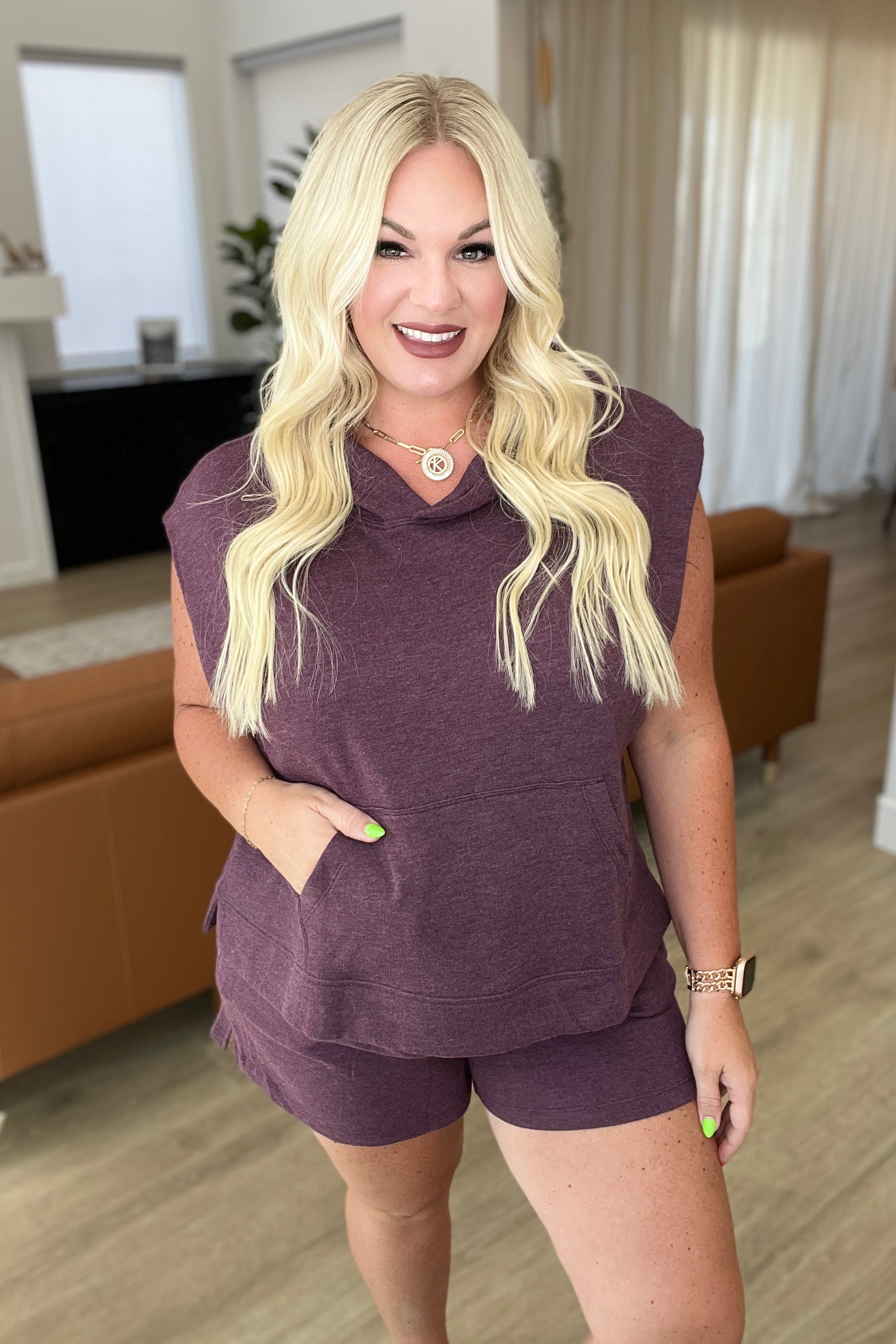 Sleeveless Hoodie and Shorts Set in Plum - WEBSITE EXCLUSIVE