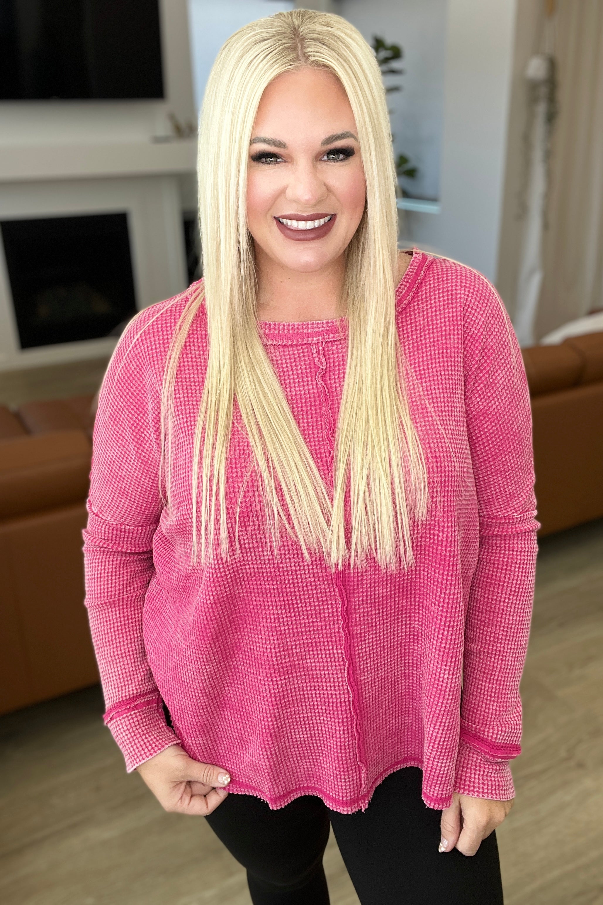 Mineral Wash Baby Waffle Long Sleeve Top in Hot Pink - WEBSITE EXCLUSIVE