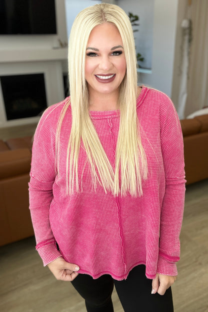 Mineral Wash Baby Waffle Long Sleeve Top in Hot Pink - WEBSITE EXCLUSIVE