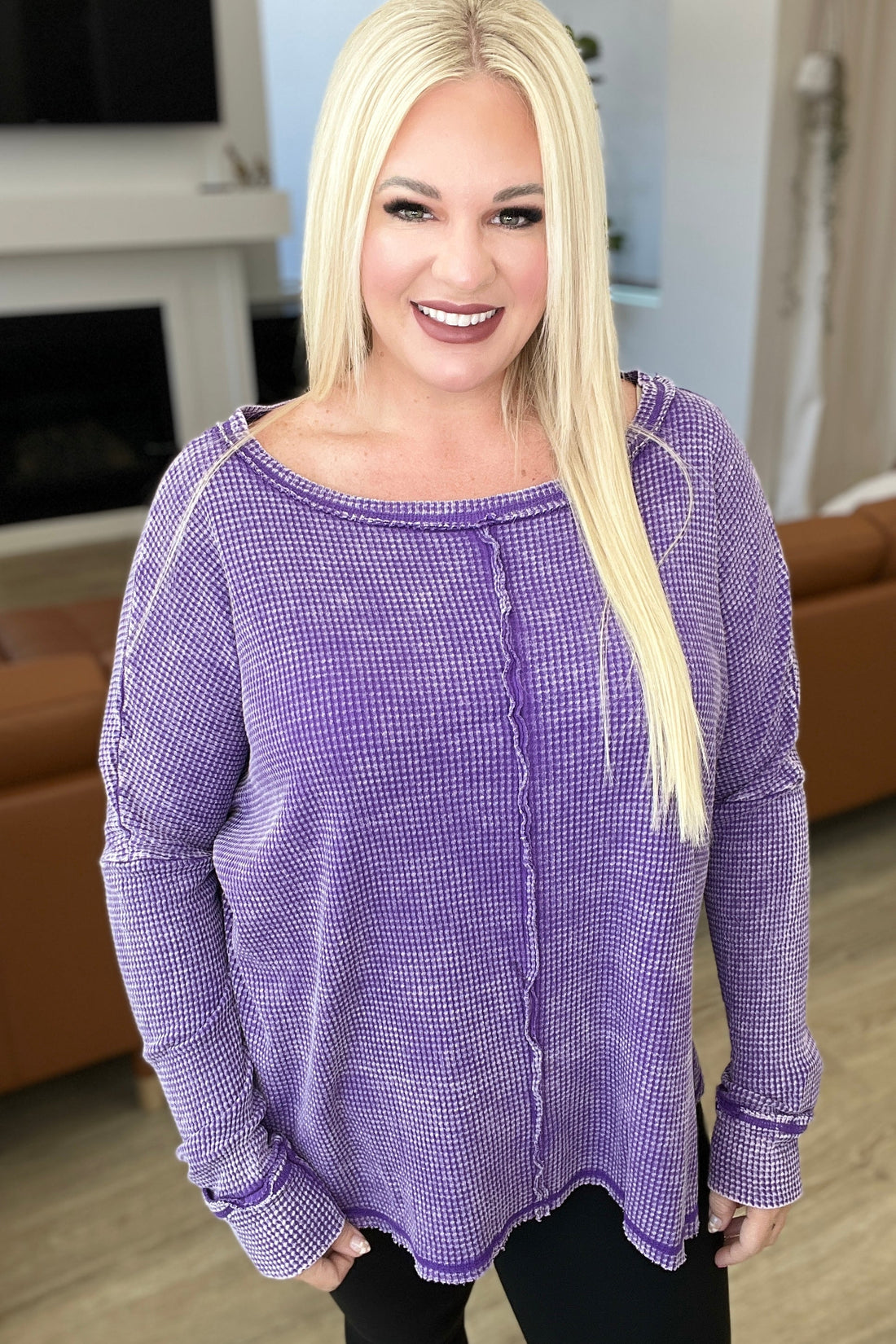 Mineral Wash Baby Waffle Long Sleeve Top in Violet - WEBSITE EXCLUSIVE