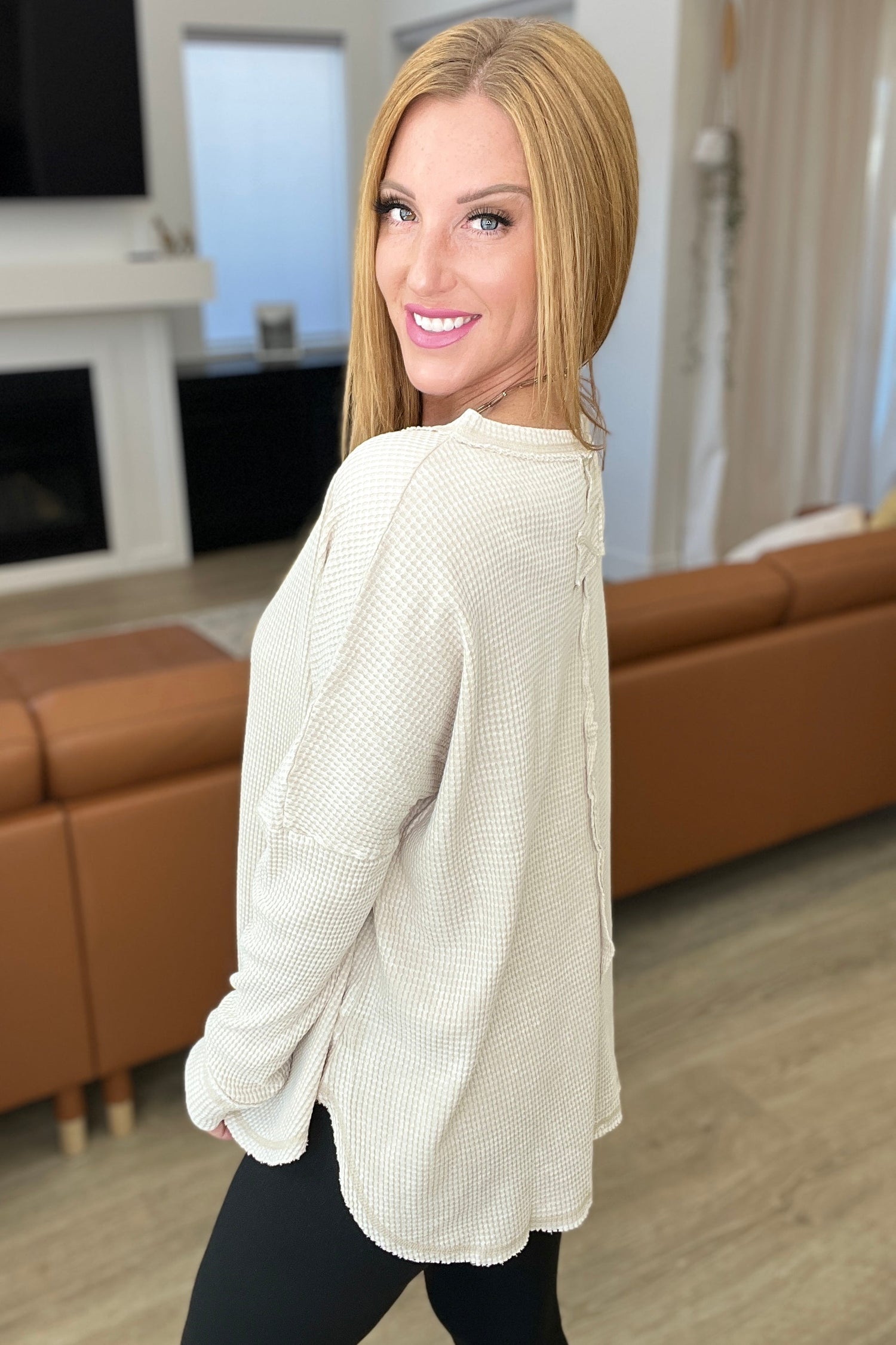 Mineral Wash Baby Waffle Long Sleeve Top in Sand Beige - WEBSITE EXCLUSIVE