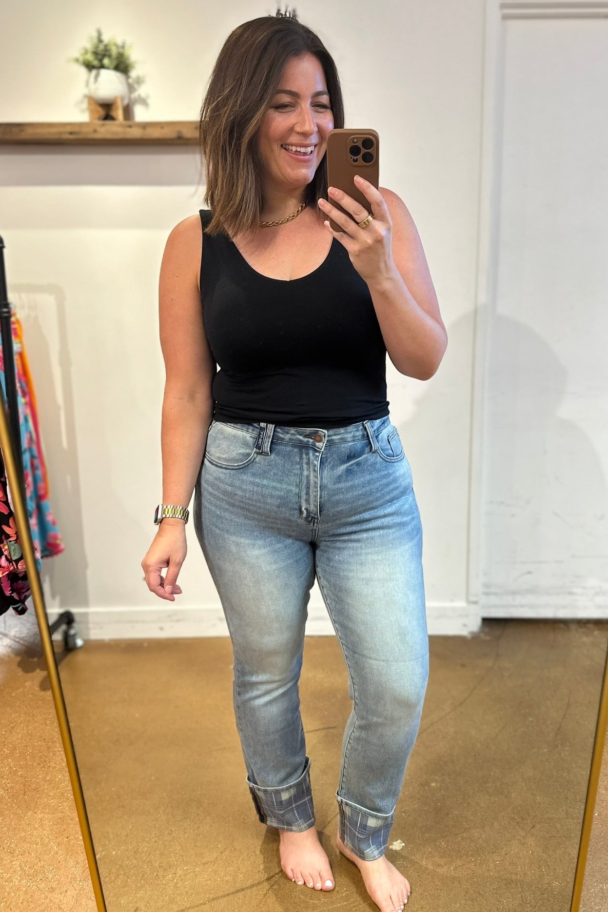 Miranda High Rise Plaid Cuff Vintage Straight Jeans - Website Exclusive