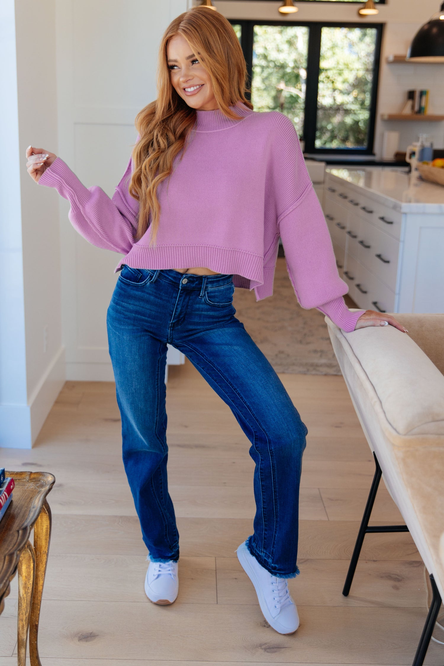 Mags Side Slit Cropped Sweater in Mauve - WEBSITE EXCLUSIVE