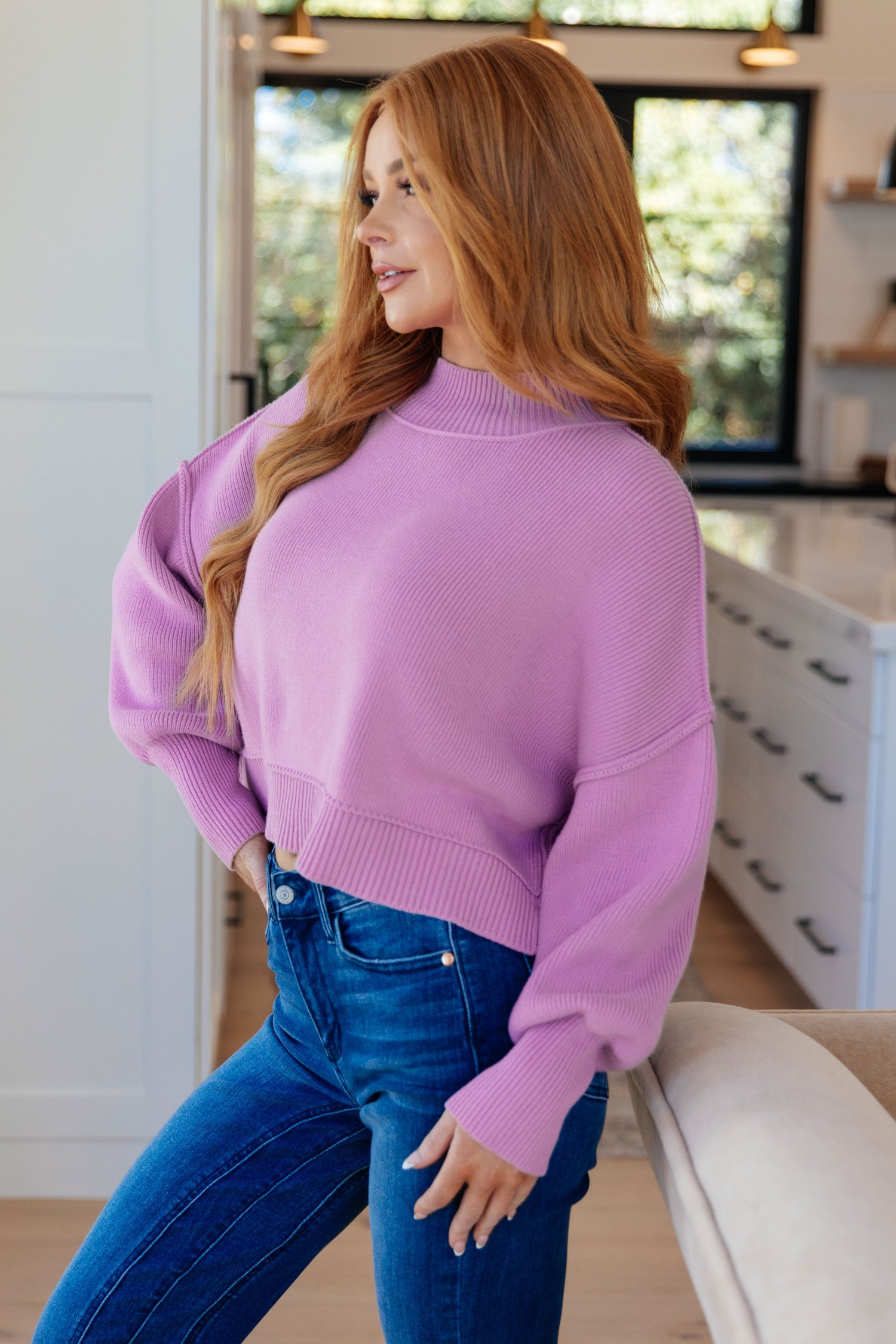 Mags Side Slit Cropped Sweater in Mauve - WEBSITE EXCLUSIVE