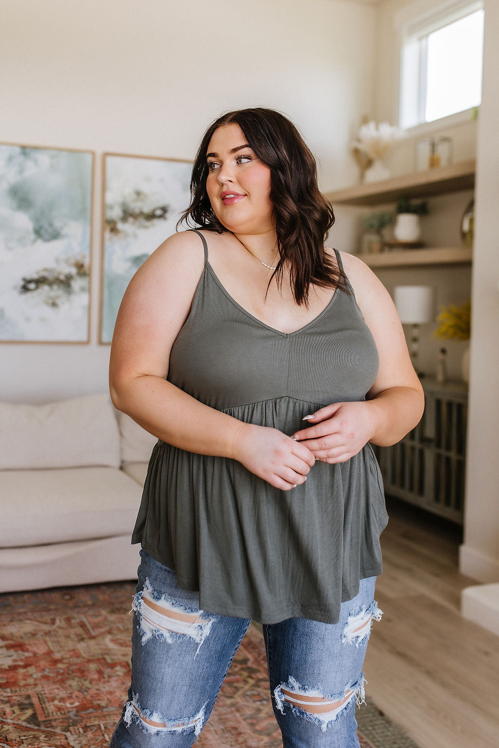 Never Not Loving V-Neck Cami in Gray Green - WEBSITE EXCLUSIVE