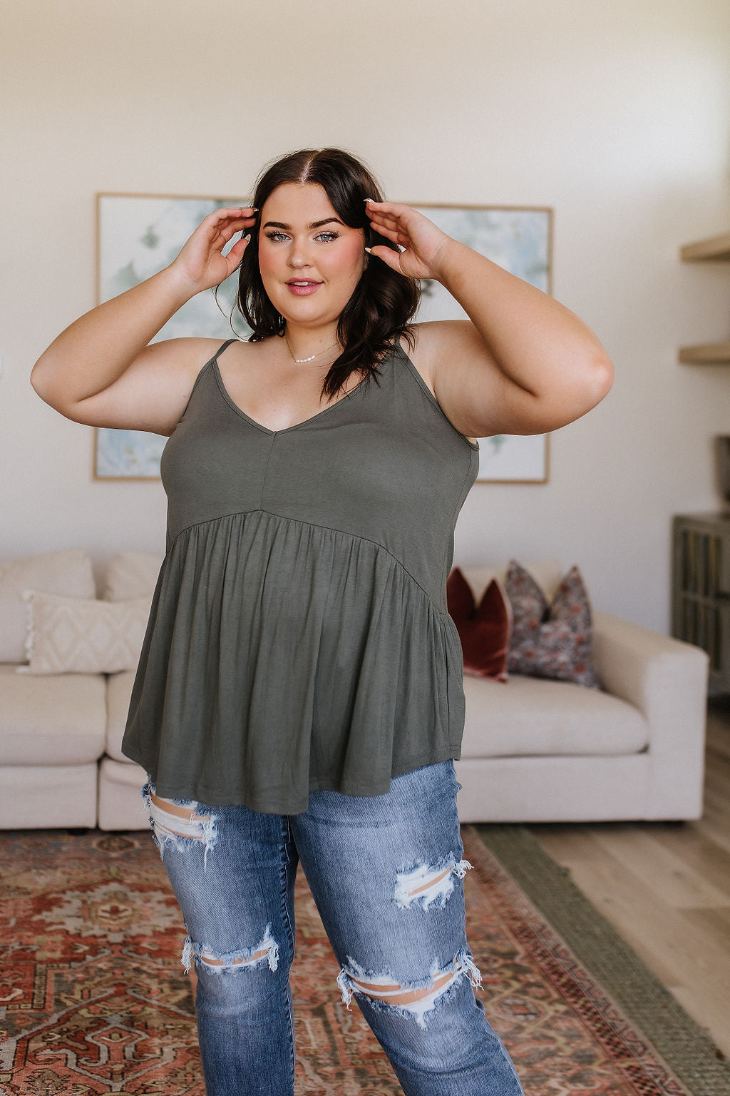 Never Not Loving V-Neck Cami in Gray Green - WEBSITE EXCLUSIVE