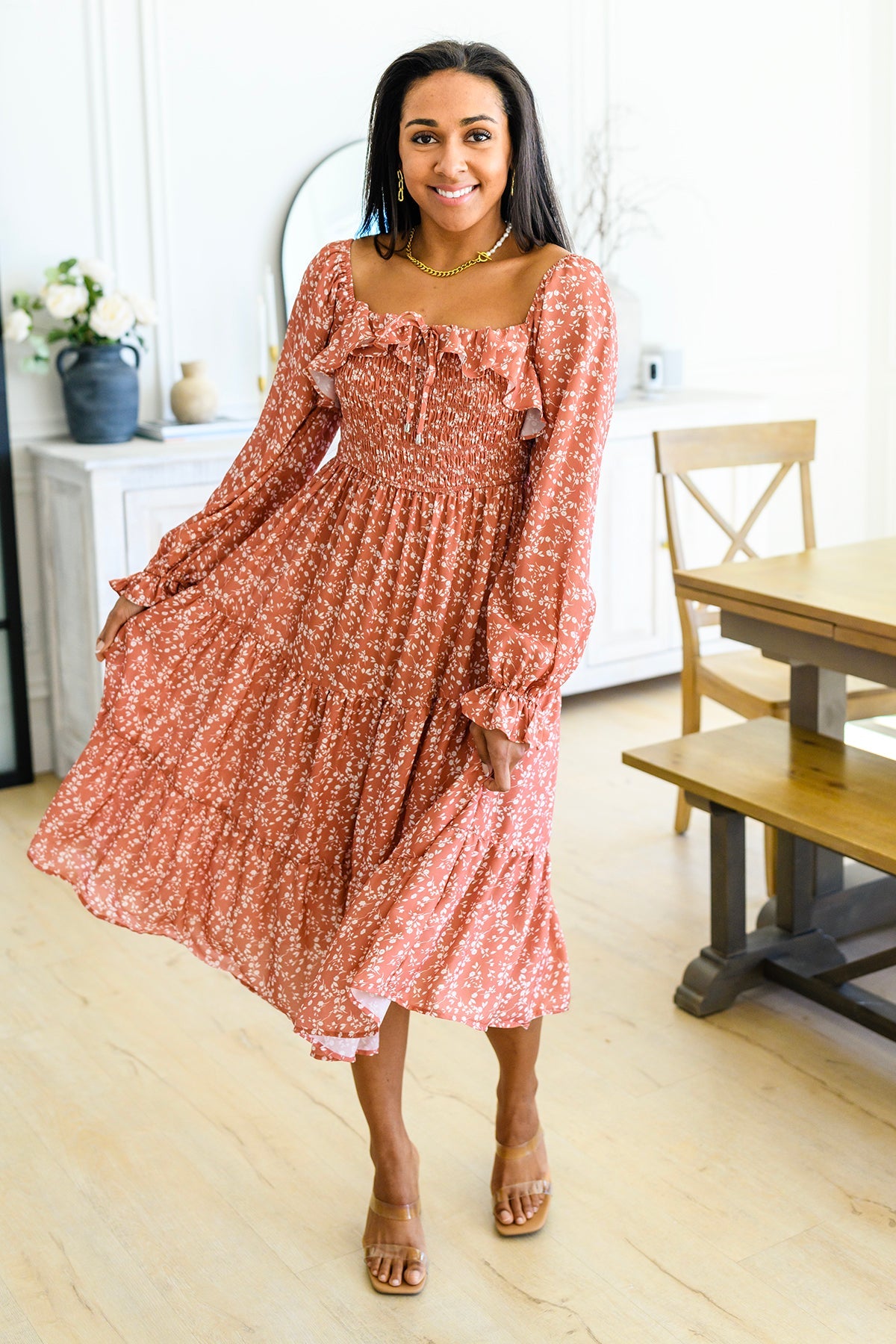 Now Is Your Chance Floral Midi Dress In Rust - WEBSITE EXCLUSIVE