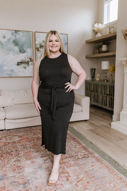 Out on the Town Tie Detail Midi Dress in Charcoal - WEBSITE EXCLUSIVE