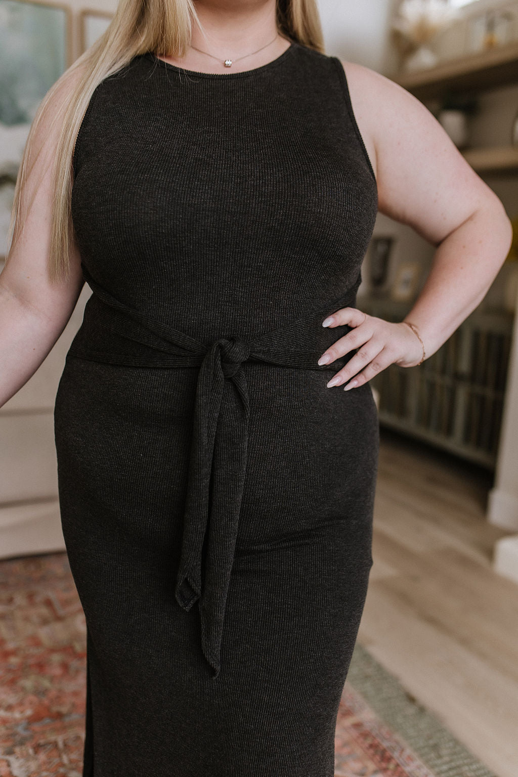 Out on the Town Tie Detail Midi Dress in Charcoal - WEBSITE EXCLUSIVE