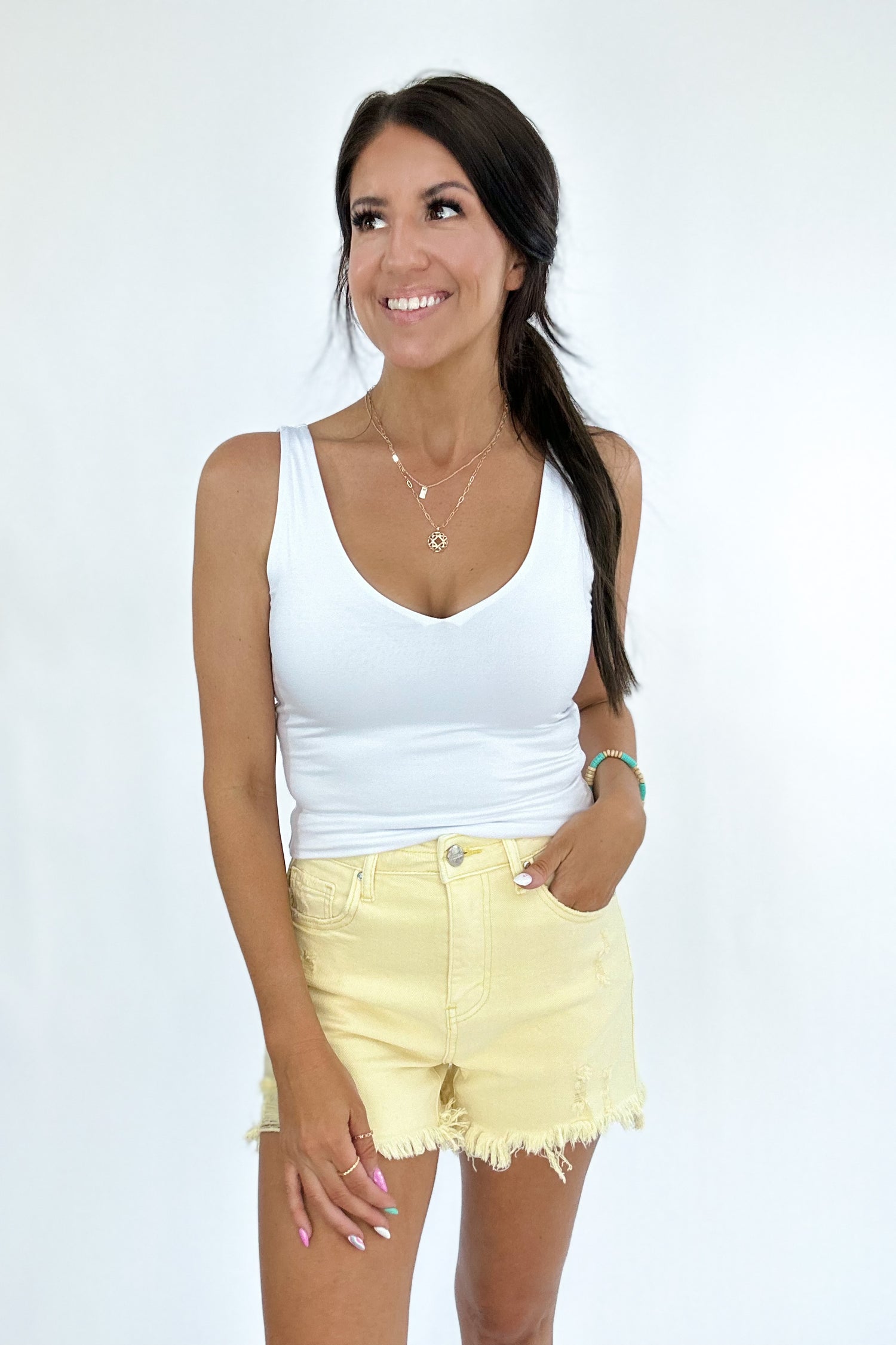 SUNSHINE ON MY MIND HIGH RISE PALE YELLOW SHORTS BY RISEN JEANS