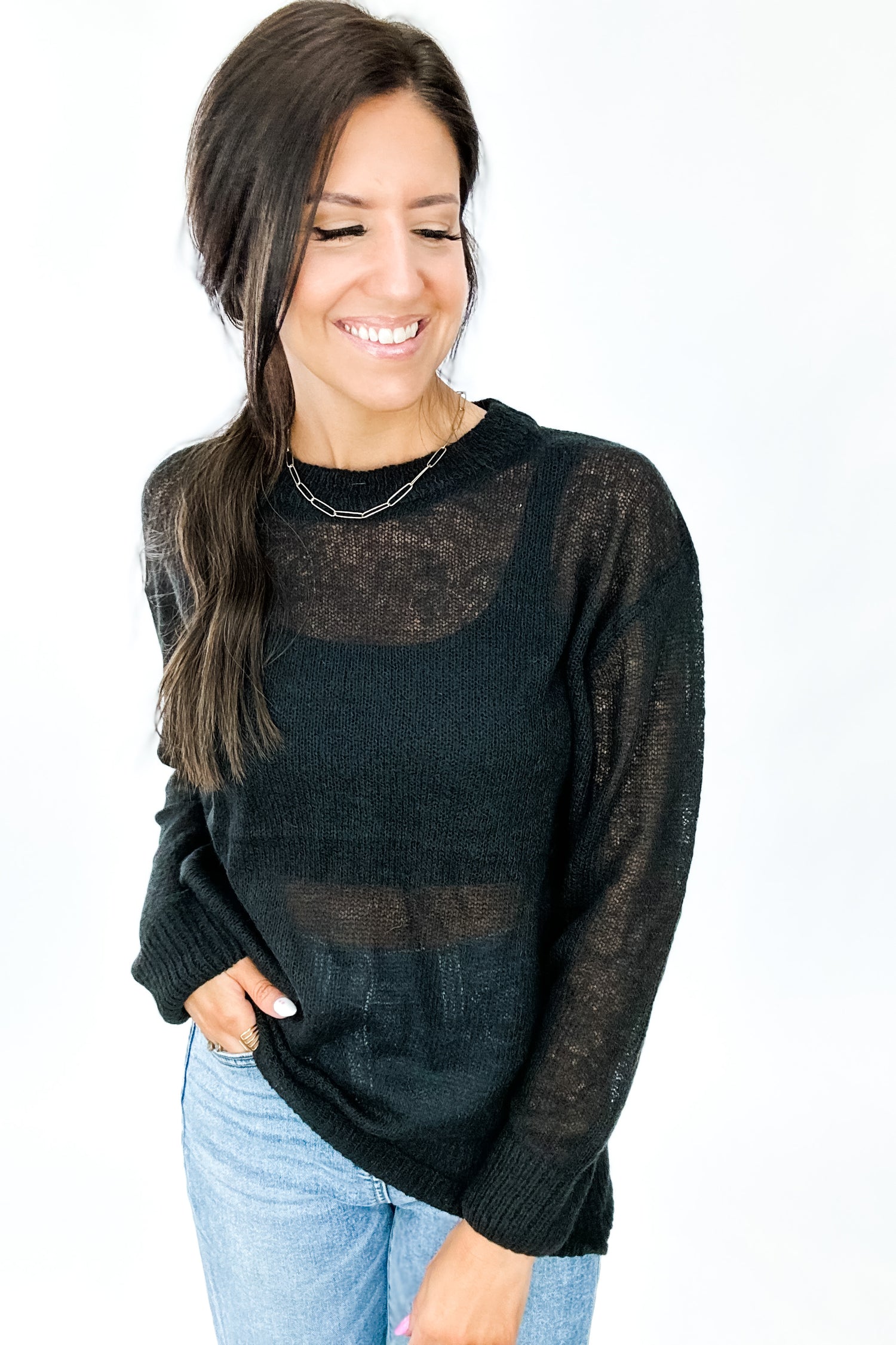 BREAKAWAY SHEER WOOL SWEATER IN BLACK - FINAL SALE